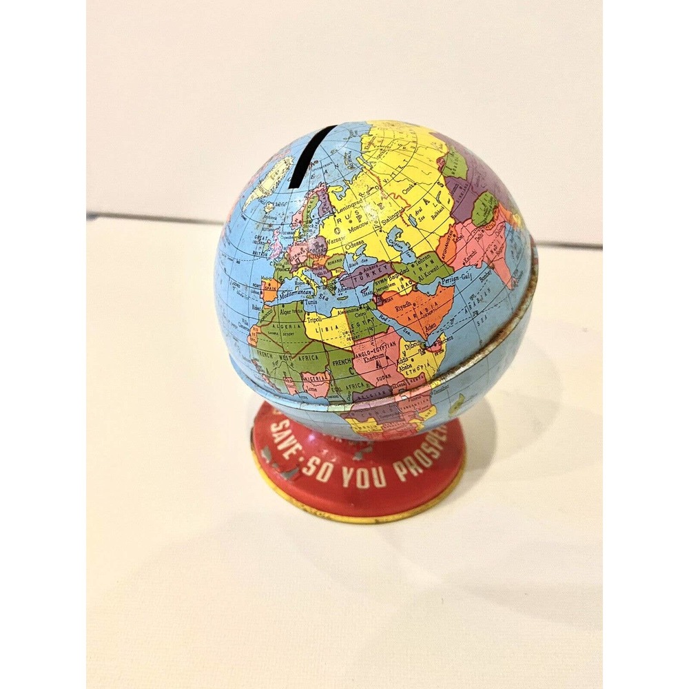 Vintage Ohio Art 4” Litho Steel Globe Bank
